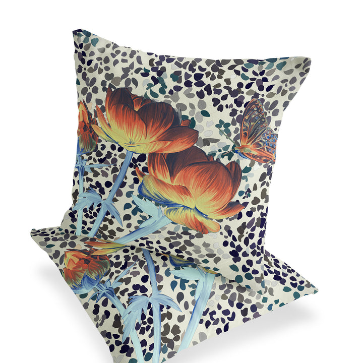 Set of Two 16" X 16" Blue and Orange Butterfly Blown Seam Floral Indoor Outdoor Throw Pillow