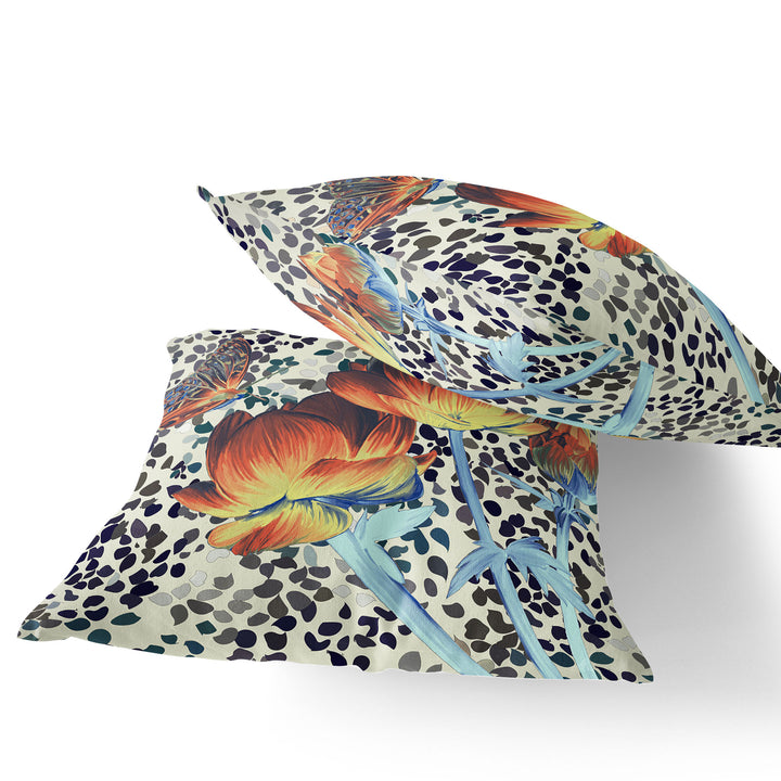 Set of Two 16" X 16" Blue and Orange Butterfly Blown Seam Floral Indoor Outdoor Throw Pillow