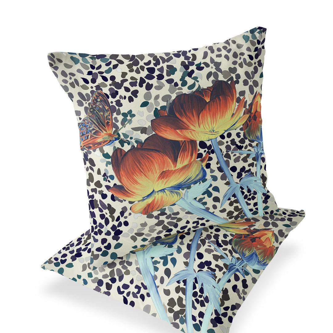 Set of Two 16" X 16" Blue and Orange Butterfly Blown Seam Floral Indoor Outdoor Throw Pillow