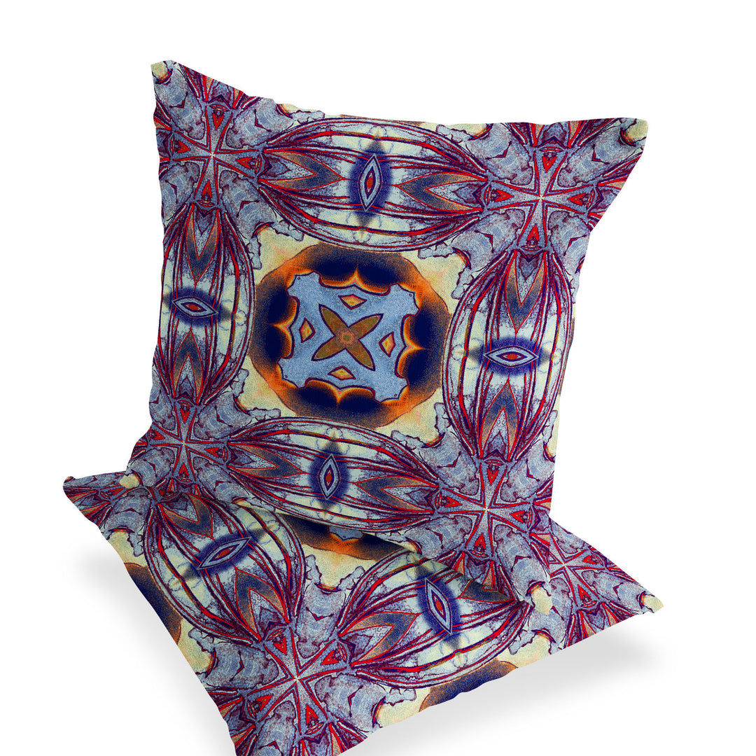 Set of Two 16" X 16" Blue and Purple Blown Seam Floral Indoor Outdoor Throw Pillow