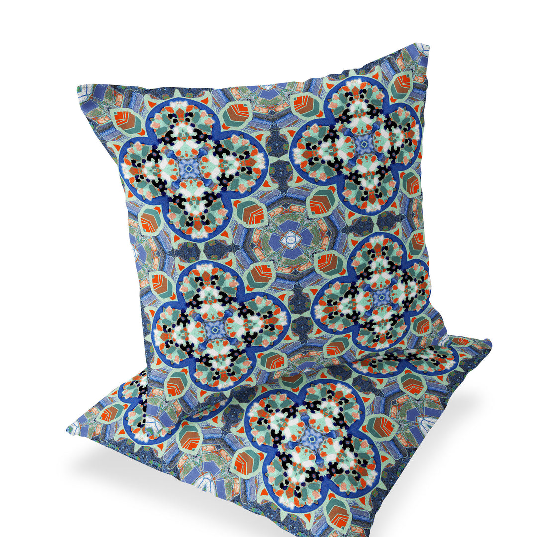 Set of Two 16" X 16" Blue and Orange Blown Seam Floral Indoor Outdoor Throw Pillow