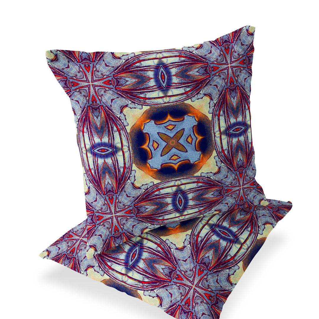 Set of Two 16" X 16" Blue and Purple Blown Seam Floral Indoor Outdoor Throw Pillow