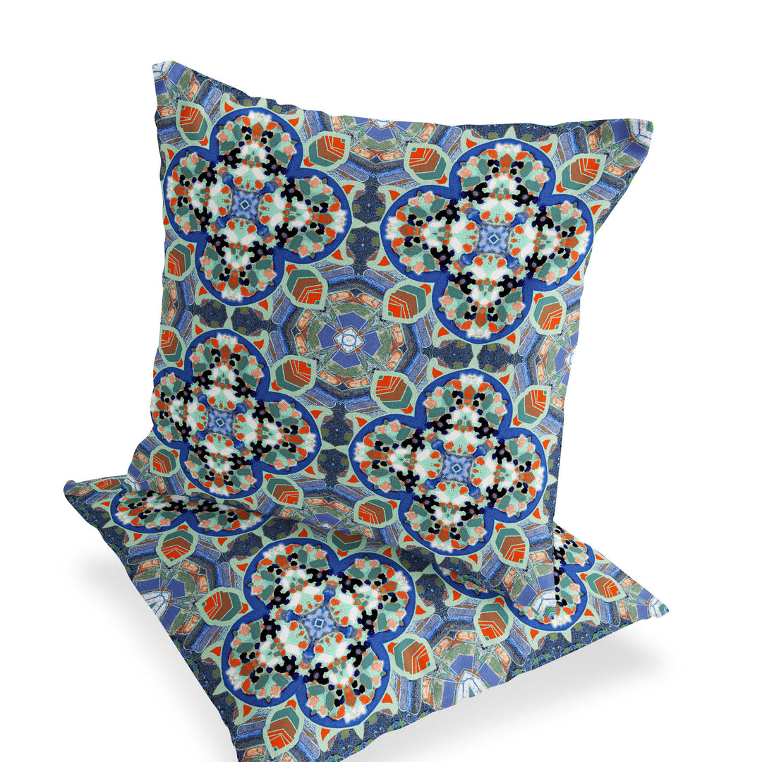 Set of Two 16" X 16" Blue and Orange Blown Seam Floral Indoor Outdoor Throw Pillow