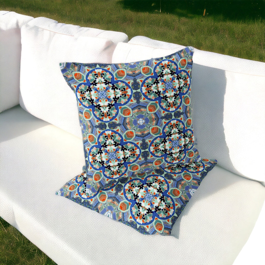 Set of Two 16" X 16" Blue and Orange Blown Seam Floral Indoor Outdoor Throw Pillow