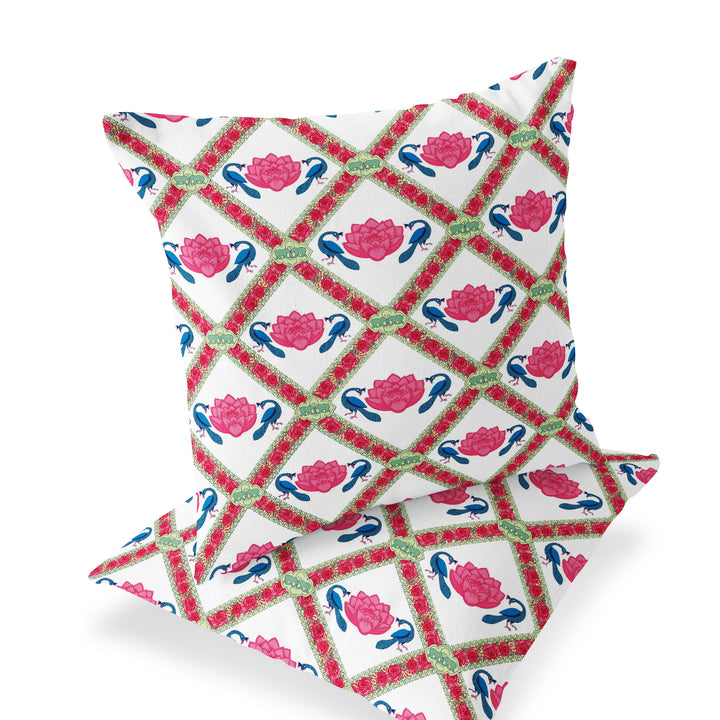 Set of Two 16" X 16" Pink and White Peacock Blown Seam Floral Indoor Outdoor Throw Pillow