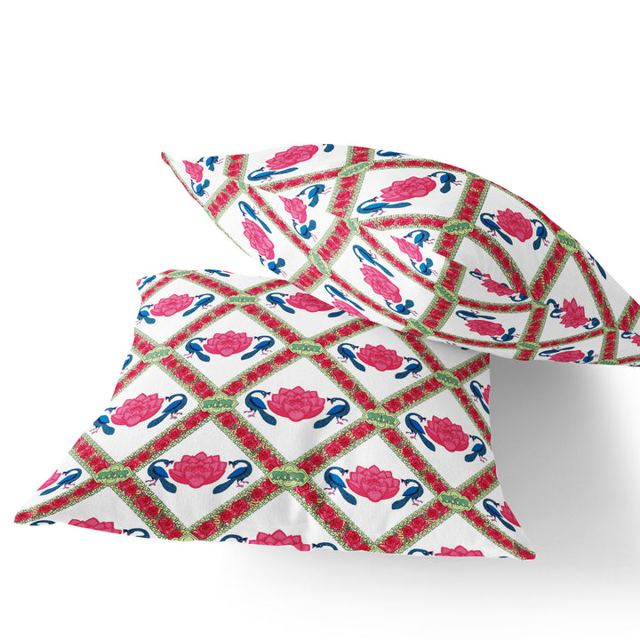 Set of Two 16" X 16" Pink and White Peacock Blown Seam Floral Indoor Outdoor Throw Pillow