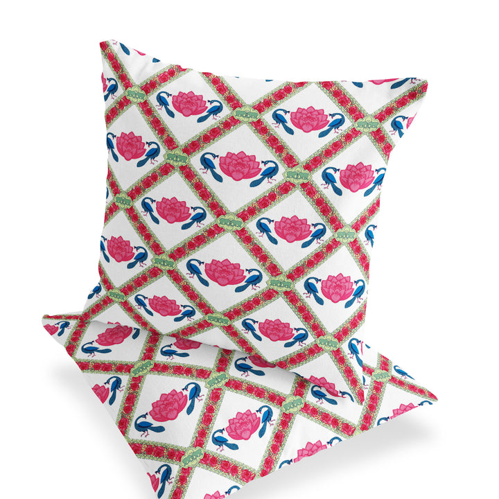 Set of Two 16" X 16" Pink and White Peacock Blown Seam Floral Indoor Outdoor Throw Pillow