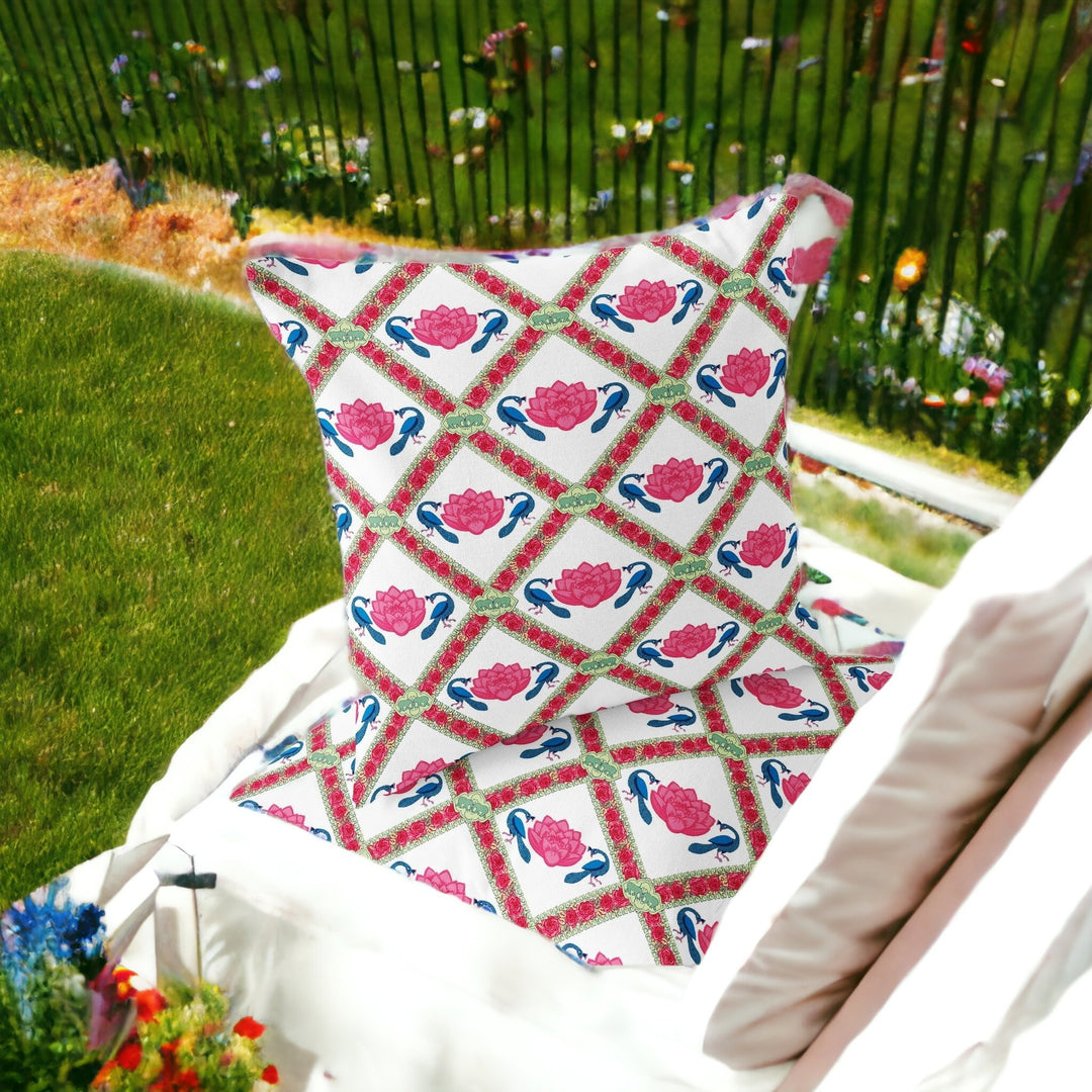 Set of Two 16" X 16" Pink and White Peacock Blown Seam Floral Indoor Outdoor Throw Pillow