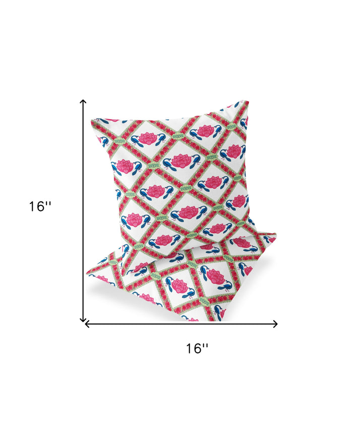 Set of Two 16" X 16" Pink and White Peacock Blown Seam Floral Indoor Outdoor Throw Pillow