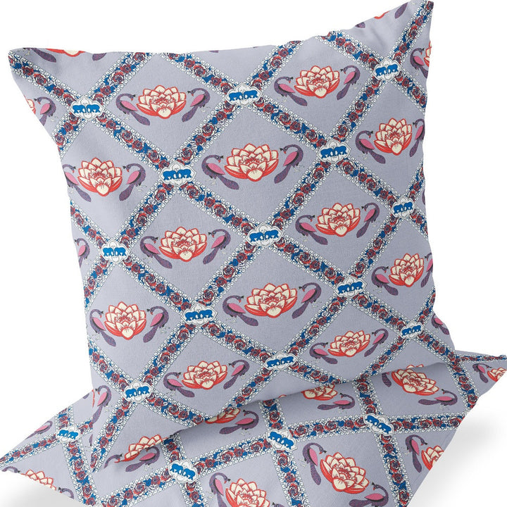 Set of Two 16" X 16" Blue and Gray Peacock Blown Seam Floral Indoor Outdoor Throw Pillow