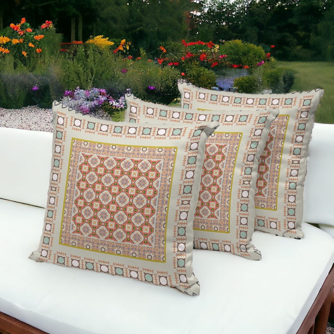 Set of Three 16" X 16" Orange and White Botanical Indoor Outdoor Throw Pillow