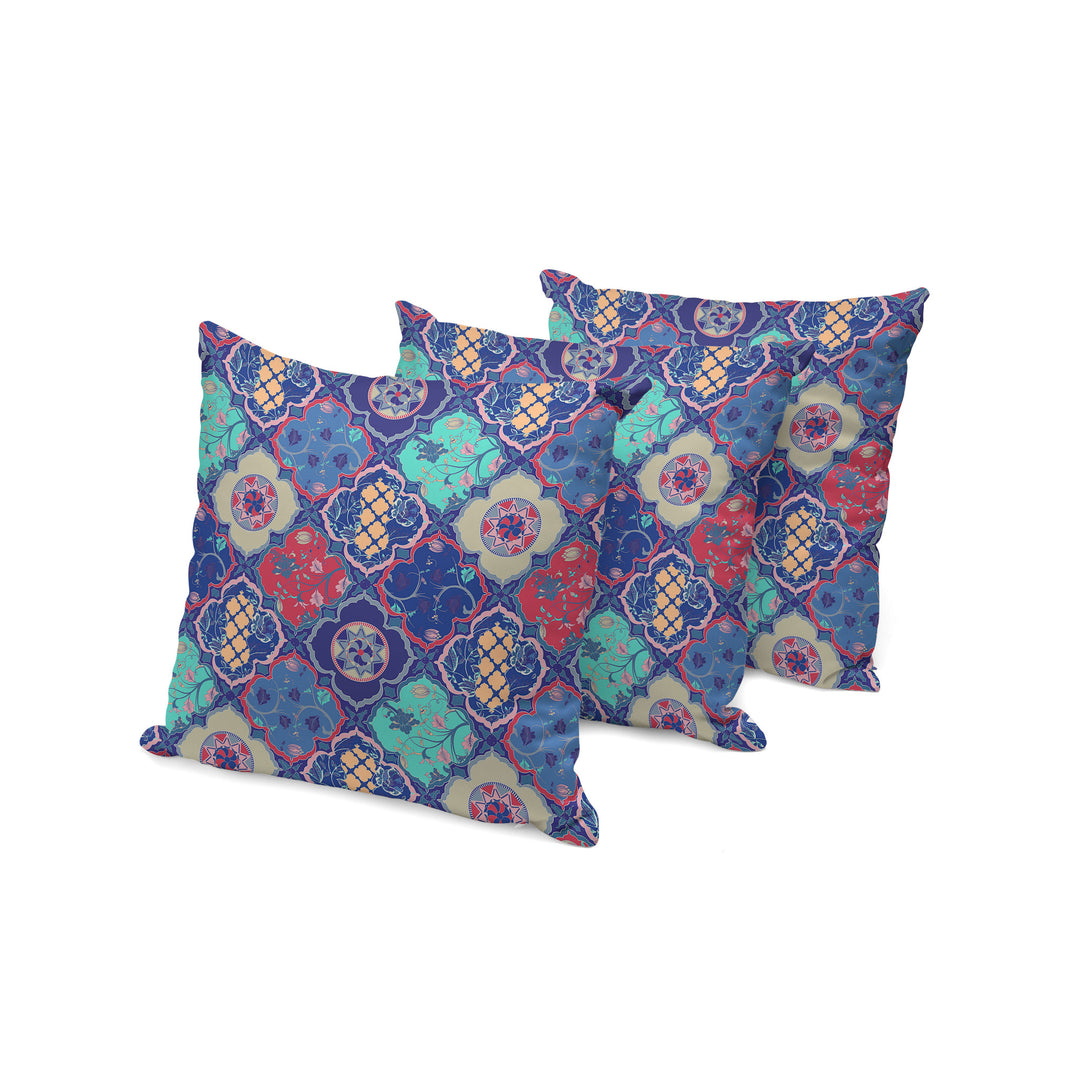 Set of Three 16" X 16" Blue and Green Botanical Indoor Outdoor Throw Pillow