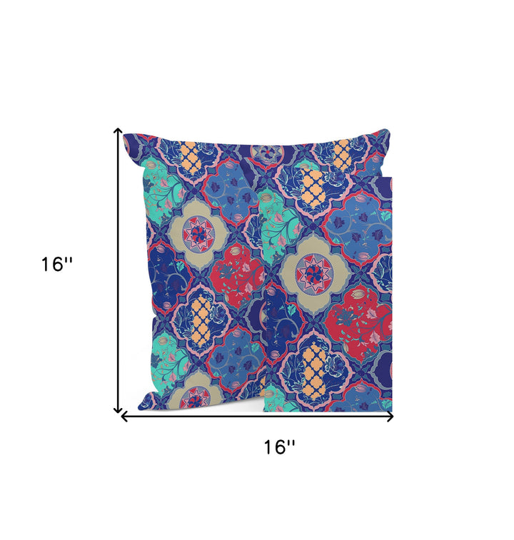 Set of Three 16" X 16" Blue and Green Botanical Indoor Outdoor Throw Pillow