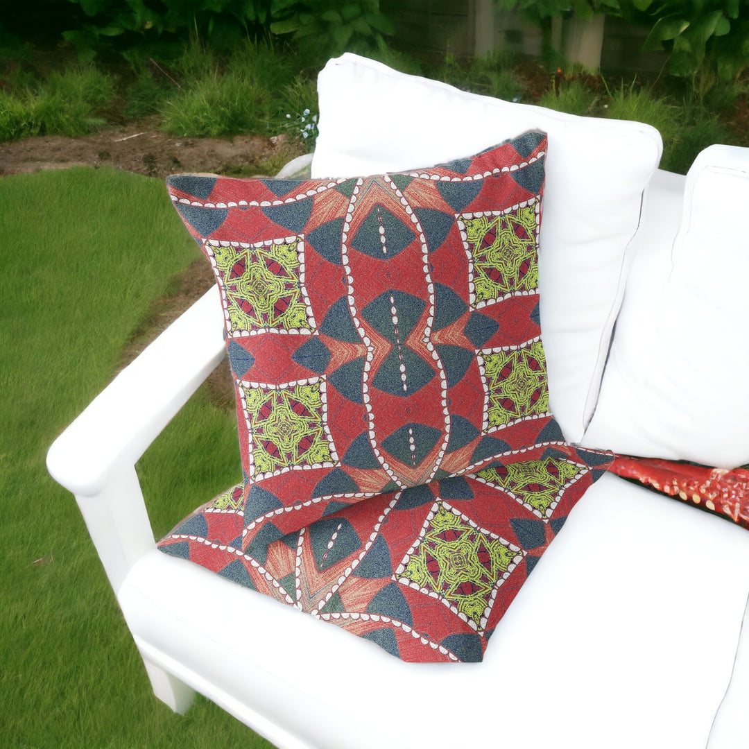 Set of Two 16" X 16" Gray and Red Blown Seam Geometric Indoor Outdoor Throw Pillows