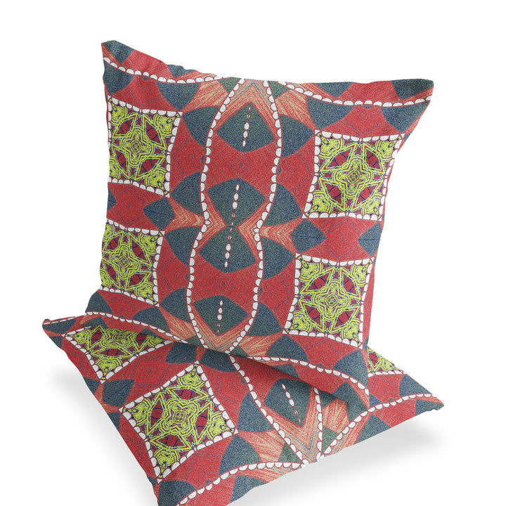 Set of Two 16" X 16" Gray and Red Blown Seam Geometric Indoor Outdoor Throw Pillows