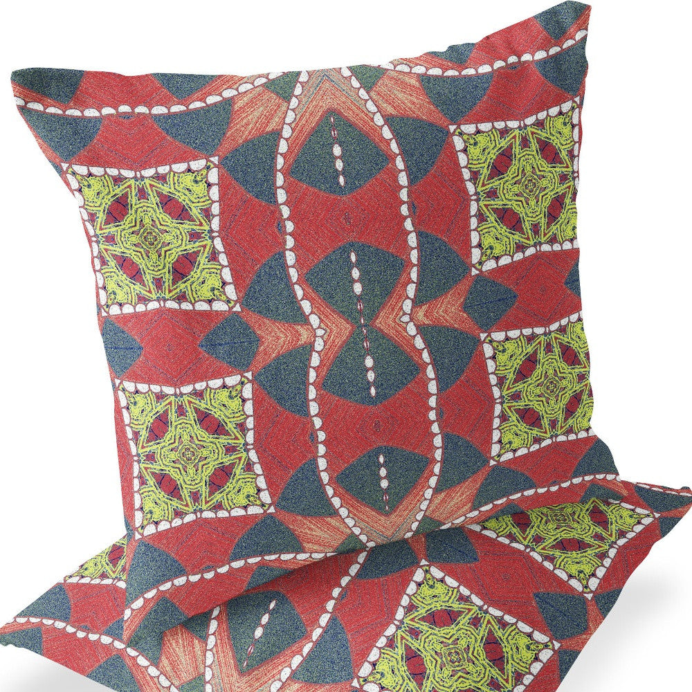 Set of Two 16" X 16" Gray and Red Blown Seam Geometric Indoor Outdoor Throw Pillows