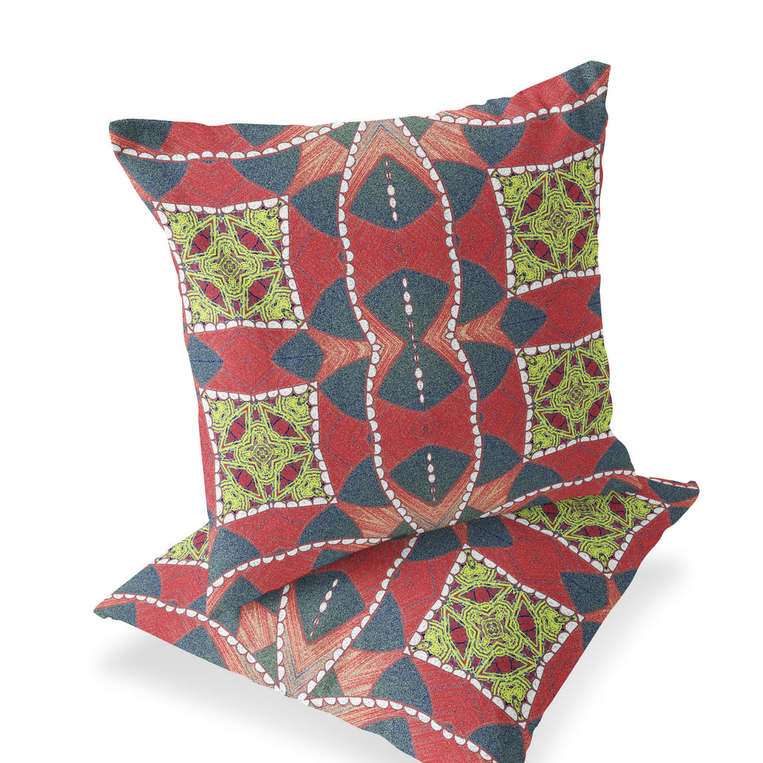 Set of Two 16" X 16" Gray and Red Blown Seam Geometric Indoor Outdoor Throw Pillows