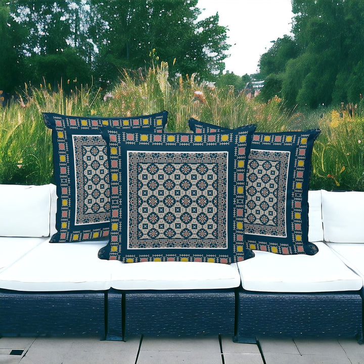 Set of Three 16" X 16" Beige and Blue Botanical Indoor Outdoor Throw Pillow