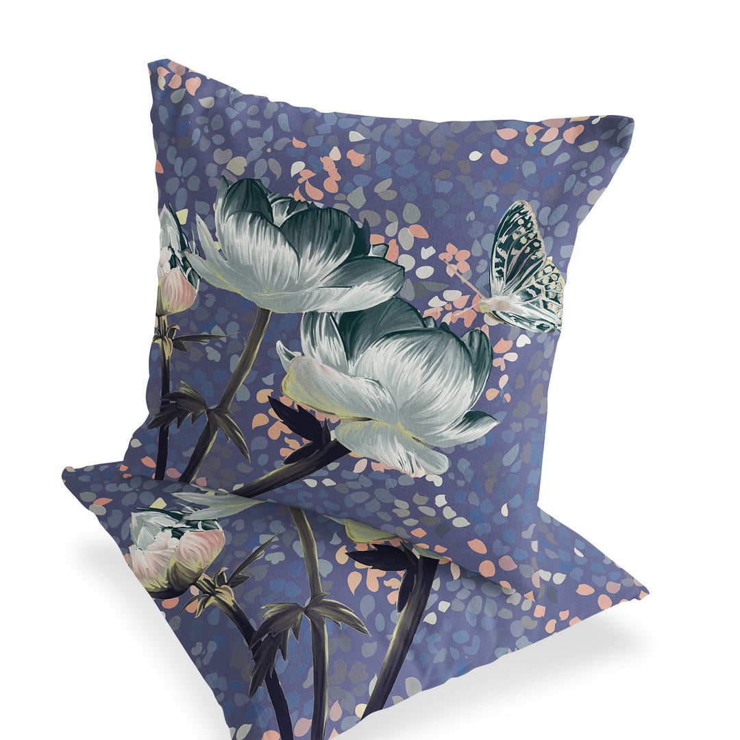 Set of Two 16" X 16" Green and Pink Butterfly Blown Seam Floral Indoor Outdoor Throw Pillow