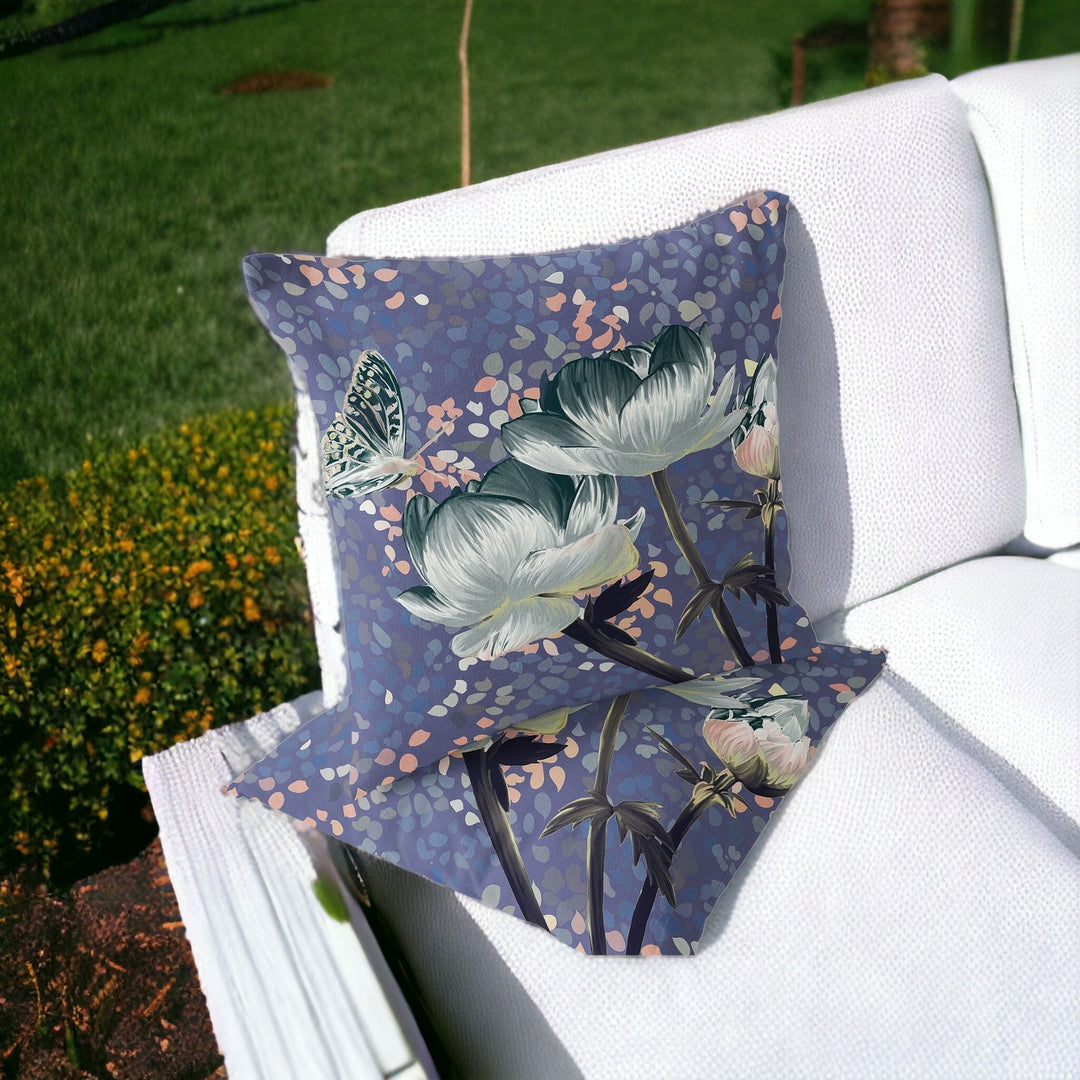 Set of Two 16" X 16" Green and Pink Butterfly Blown Seam Floral Indoor Outdoor Throw Pillow