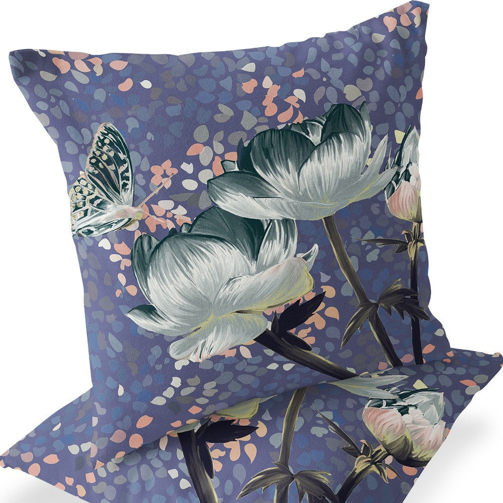 Set of Two 16" X 16" Green and Pink Butterfly Blown Seam Floral Indoor Outdoor Throw Pillow