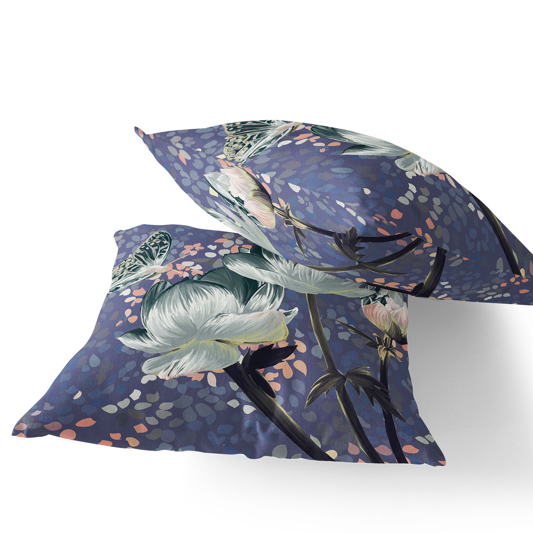 Set of Two 16" X 16" Green and Pink Butterfly Blown Seam Floral Indoor Outdoor Throw Pillow