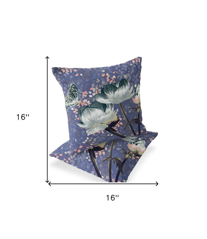 Set of Two 16" X 16" Green and Pink Butterfly Blown Seam Floral Indoor Outdoor Throw Pillow