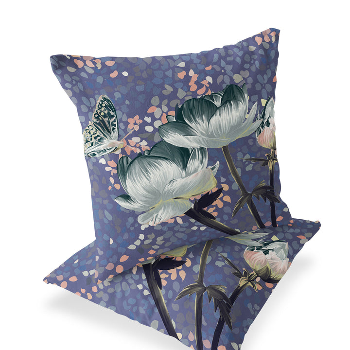 Set of Two 16" X 16" Green and Pink Butterfly Blown Seam Floral Indoor Outdoor Throw Pillow