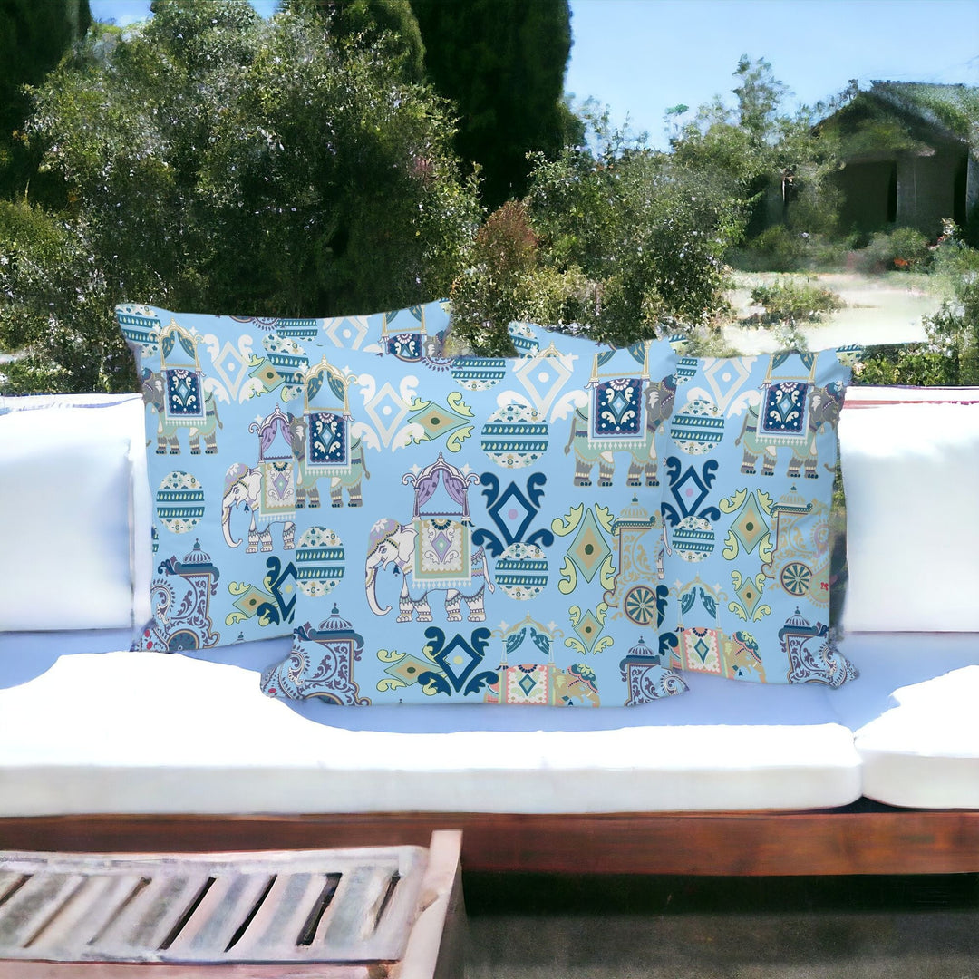 Set of Three 16" X 16" Blue and White Elephant Abstract Indoor Outdoor Throw Pillow