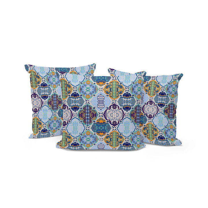 Set of Three 16" X 16" Blue and Orange Botanical Indoor Outdoor Throw Pillow