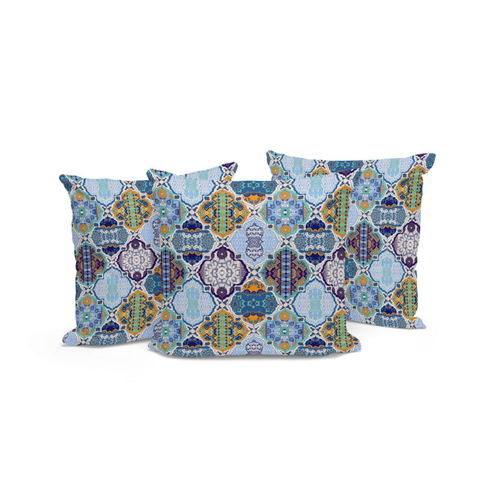 Set of Three 16" X 16" Blue and Orange Botanical Indoor Outdoor Throw Pillow