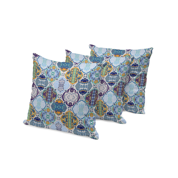 Set of Three 16" X 16" Blue and Orange Botanical Indoor Outdoor Throw Pillow