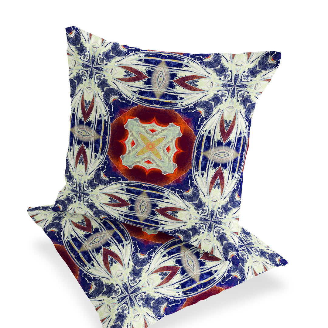 Set of Two 16" X 16" Blue and Orange Blown Seam Floral Indoor Outdoor Throw Pillow