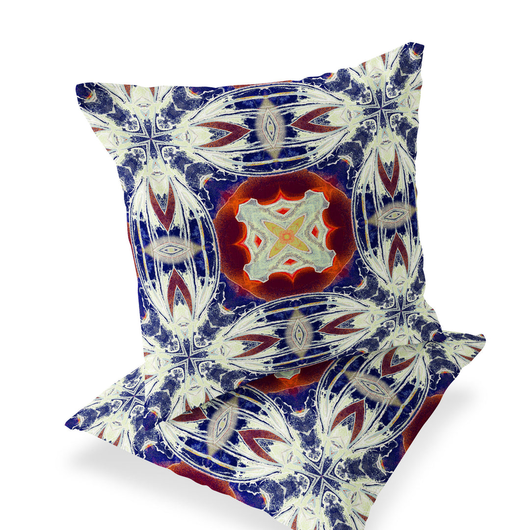 Set of Two 16" X 16" Blue and Orange Blown Seam Floral Indoor Outdoor Throw Pillow