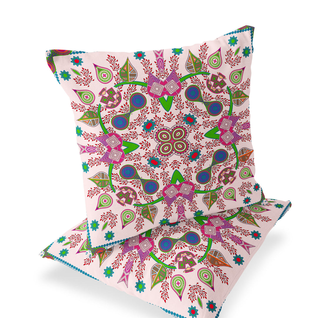 Set of Two 16" X 16" Pink Blown Seam Paisley Indoor Outdoor Throw Pillow