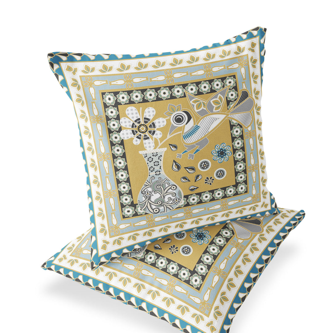 Set of Two 16" X 16" Beige and White Peacock Blown Seam Floral Indoor Outdoor Throw Pillow