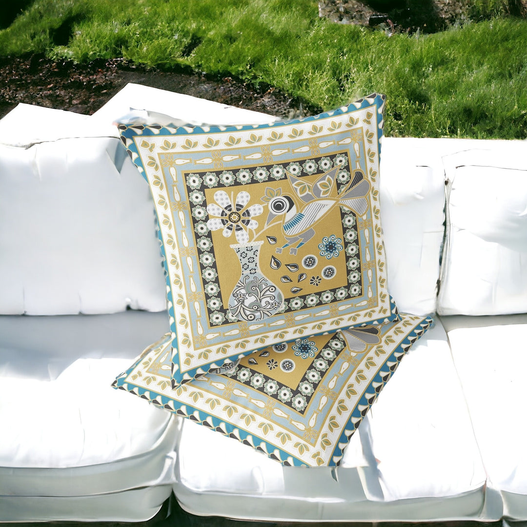 Set of Two 16" X 16" Beige and White Peacock Blown Seam Floral Indoor Outdoor Throw Pillow