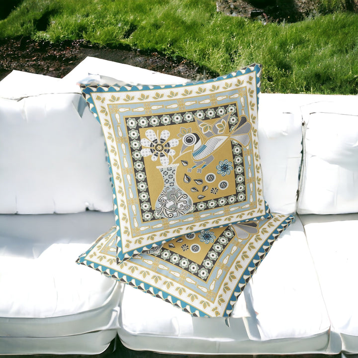 Set of Two 16" X 16" Beige and White Peacock Blown Seam Floral Indoor Outdoor Throw Pillow