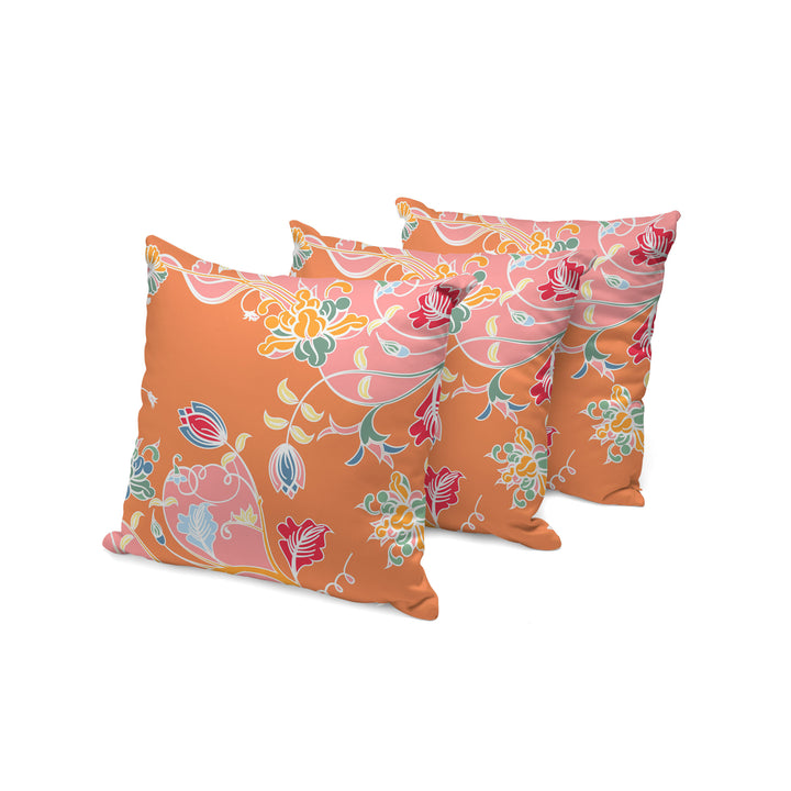 Set of Three 16" X 16" Pink and Orange Botanical Indoor Outdoor Throw Pillow