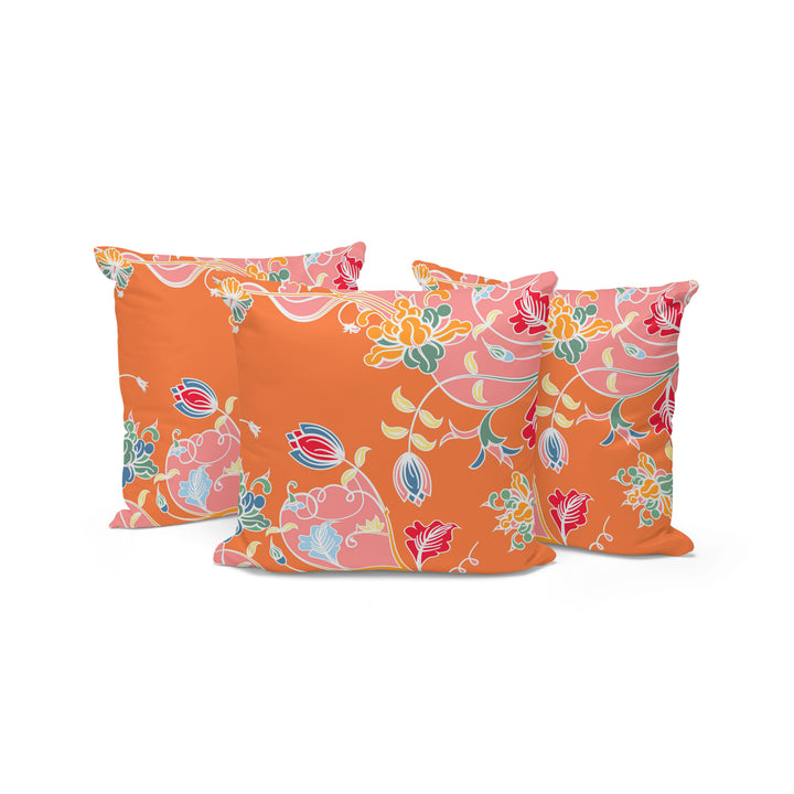 Set of Three 16" X 16" Pink and Orange Botanical Indoor Outdoor Throw Pillow