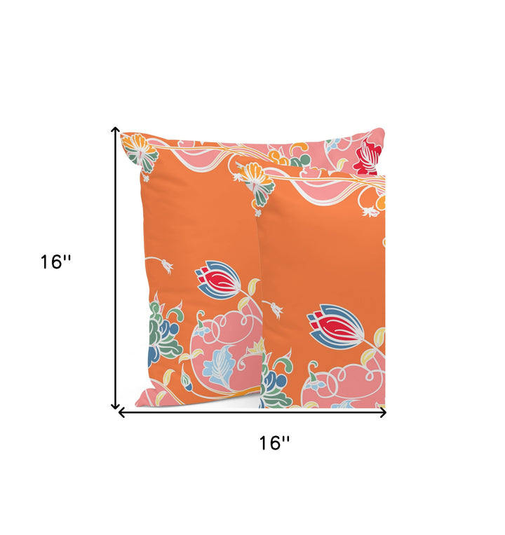 Set of Three 16" X 16" Pink and Orange Botanical Indoor Outdoor Throw Pillow