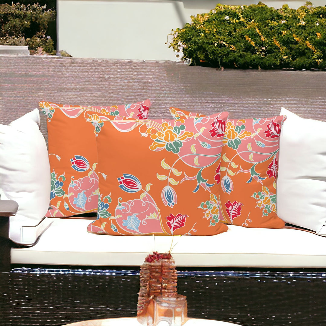 Set of Three 16" X 16" Pink and Orange Botanical Indoor Outdoor Throw Pillow