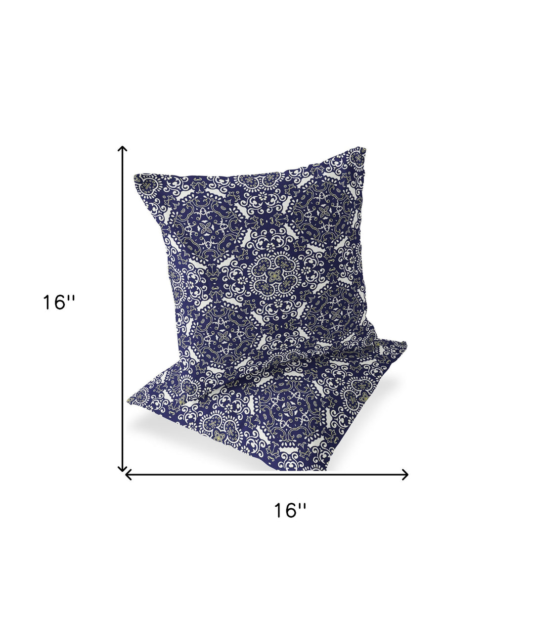 Set of Two 16" X 16" Blue and White Blown Seam Damask Indoor Outdoor Throw Pillow