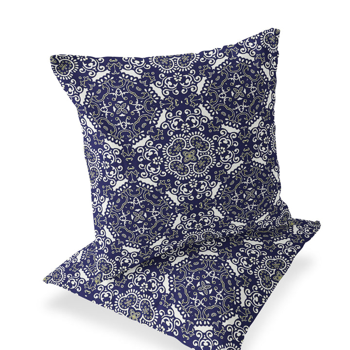 Set of Two 16" X 16" Blue and White Blown Seam Damask Indoor Outdoor Throw Pillow