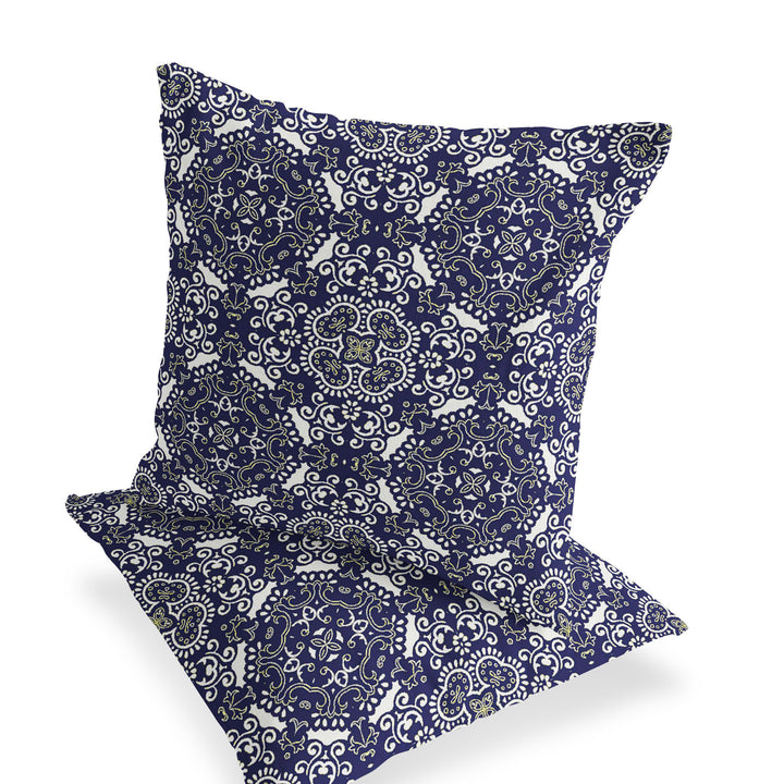 Set of Two 16" X 16" Blue and White Blown Seam Damask Indoor Outdoor Throw Pillow