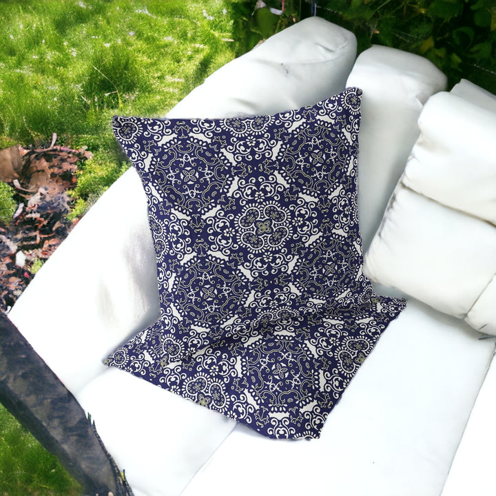 Set of Two 16" X 16" Blue and White Blown Seam Damask Indoor Outdoor Throw Pillow