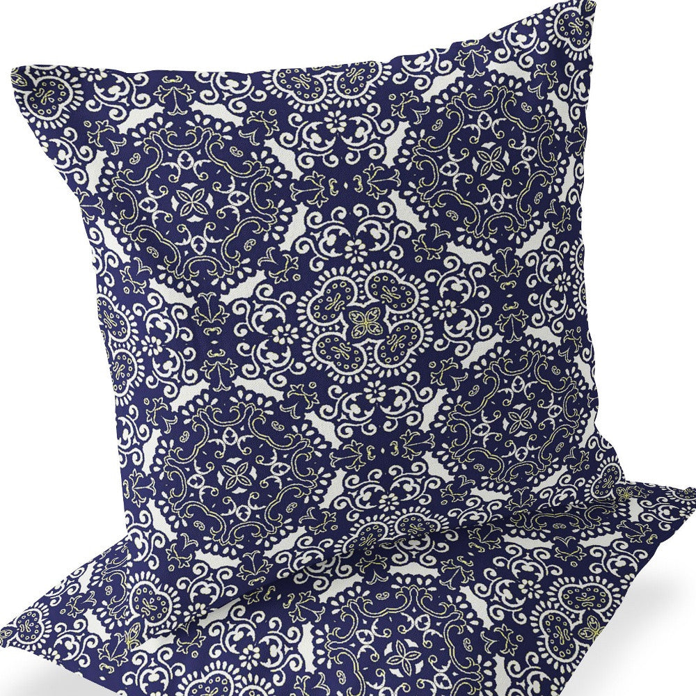 Set of Two 16" X 16" Blue and White Blown Seam Damask Indoor Outdoor Throw Pillow