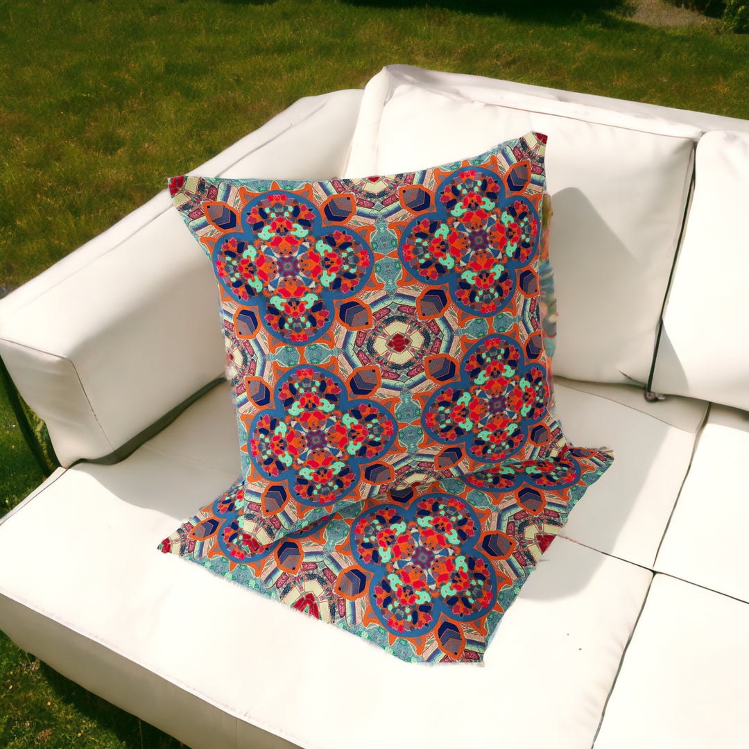 Set of Two 16" X 16" Blue and Orange Blown Seam Floral Indoor Outdoor Throw Pillow