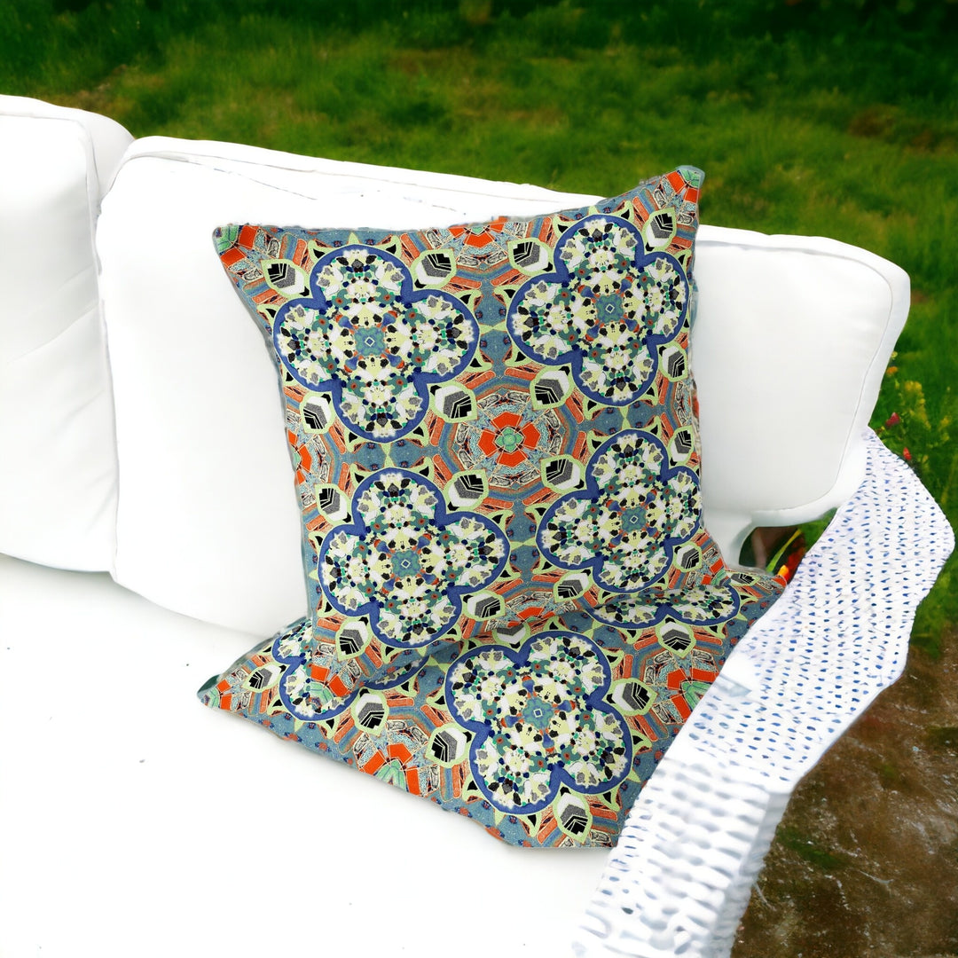 Set of Two 16" X 16" Blue and Orange Blown Seam Floral Indoor Outdoor Throw Pillow