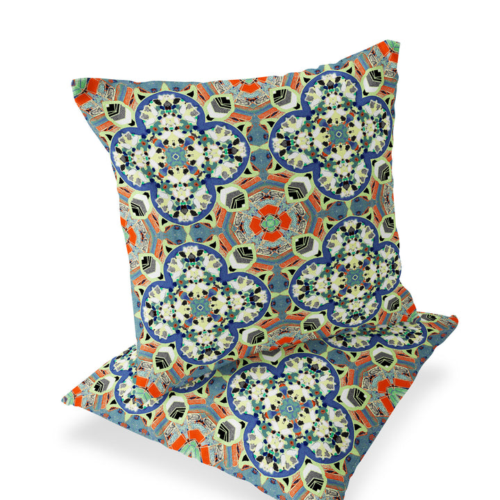 Set of Two 16" X 16" Blue and Orange Blown Seam Floral Indoor Outdoor Throw Pillow